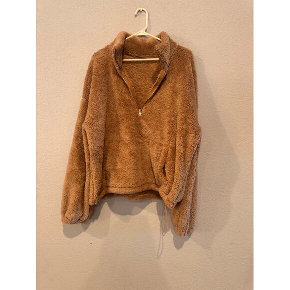 Womens Sherpa Quarter Zip Pullover Sweater Kangaroo Pocket Loungewear Top Brown - Picture 1 of 4